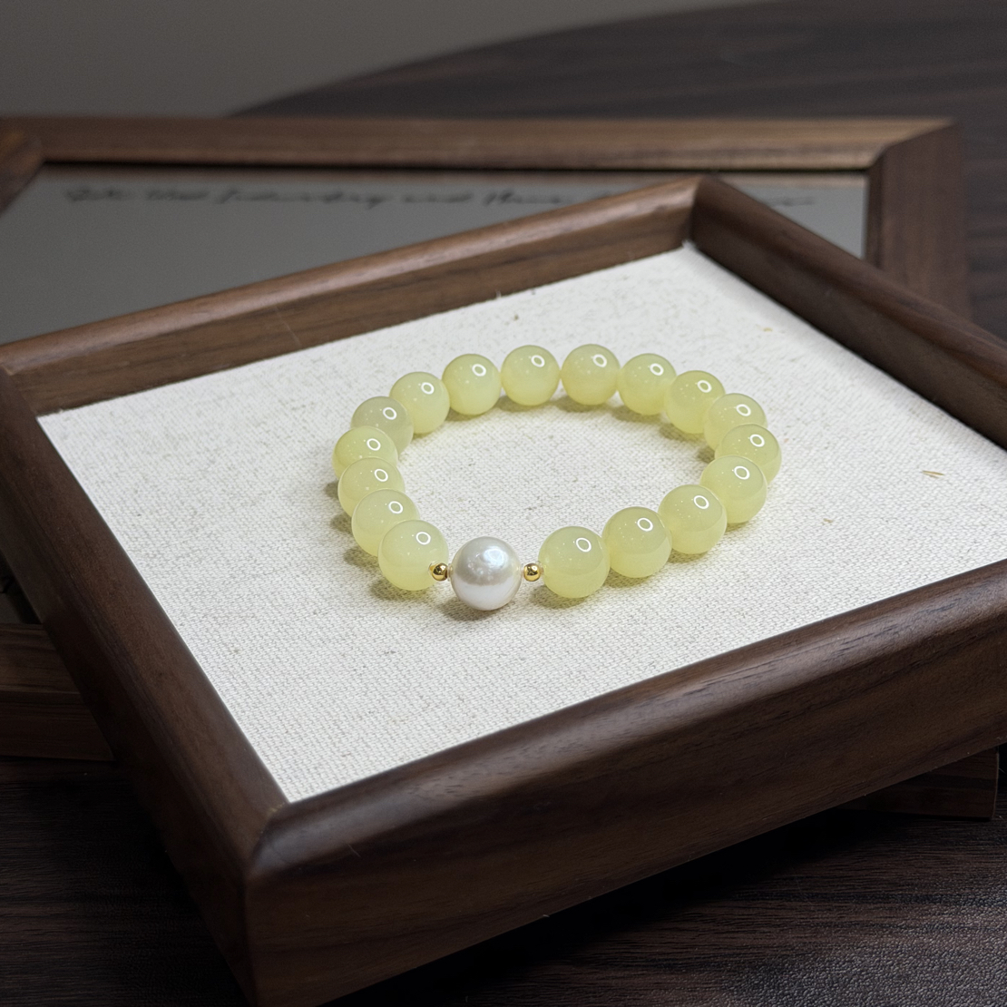 【溶溶月】和田玉若羌黄口料和田玉珍珠手串10mmL1422