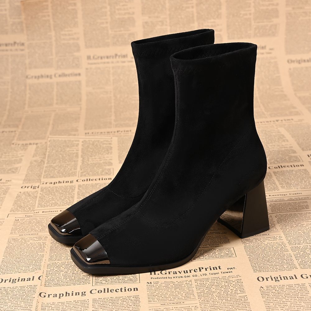 防踢铁头粗跟短靴女2025秋冬季新款方头舒适瘦瘦靴简约短筒弹力靴