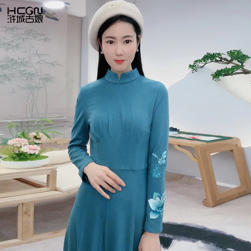 浒城古娘中式国风立领长袖高贵上档次气质女锦馨连衣裙-22D17523