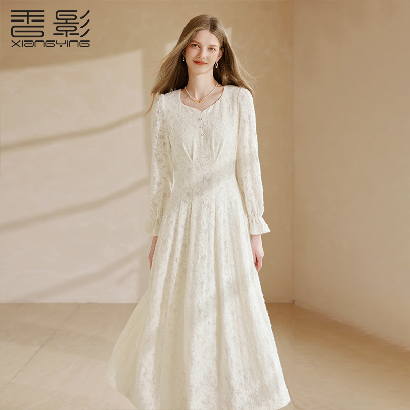 【籽言专属】L95W566连衣裙香影法式白色蕾丝v领连衣裙女冬季新款