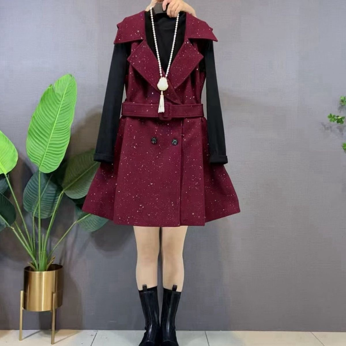 时尚气质大码西服领亮闪马甲裙百搭打底衫显瘦遮肚子秋冬季两件套