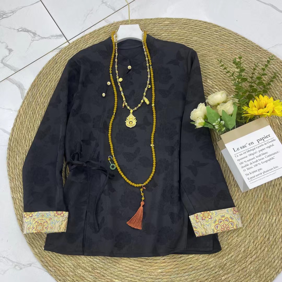 【不加绒】新中式国风提花立领挽边显瘦打底衫