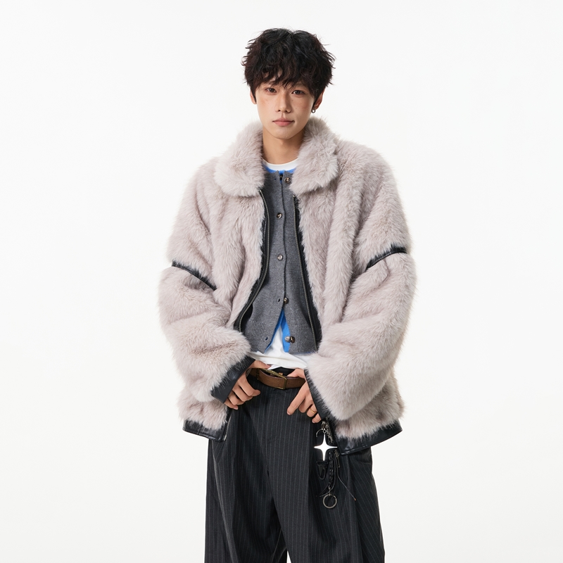 冬季保暖高级感皮毛一体轻奢仿狐狸毛一体绒座山雕短款大衣男款