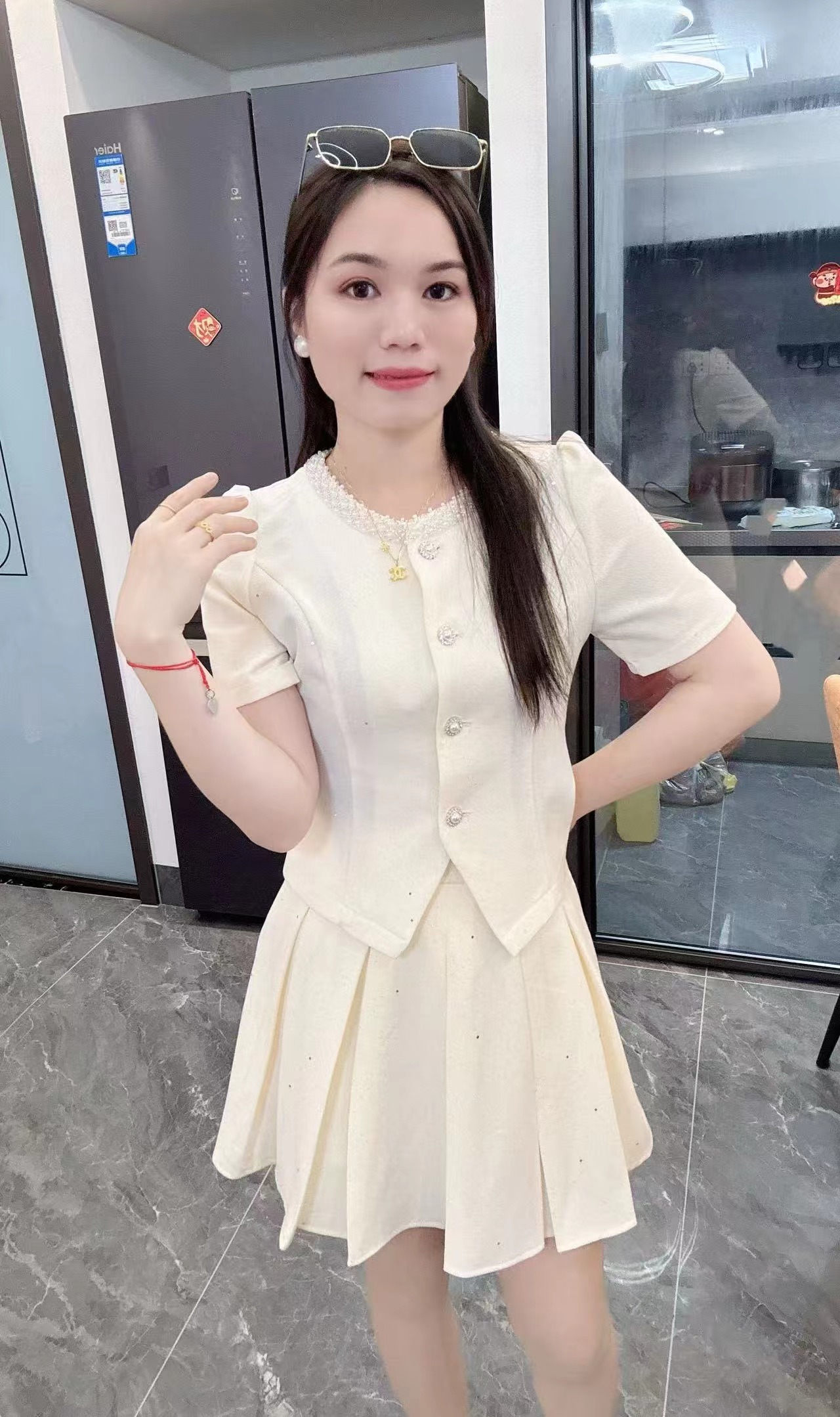 丹妮丝法式时尚套装百褶短裙显瘦上衣甜美短袖两件套套裙