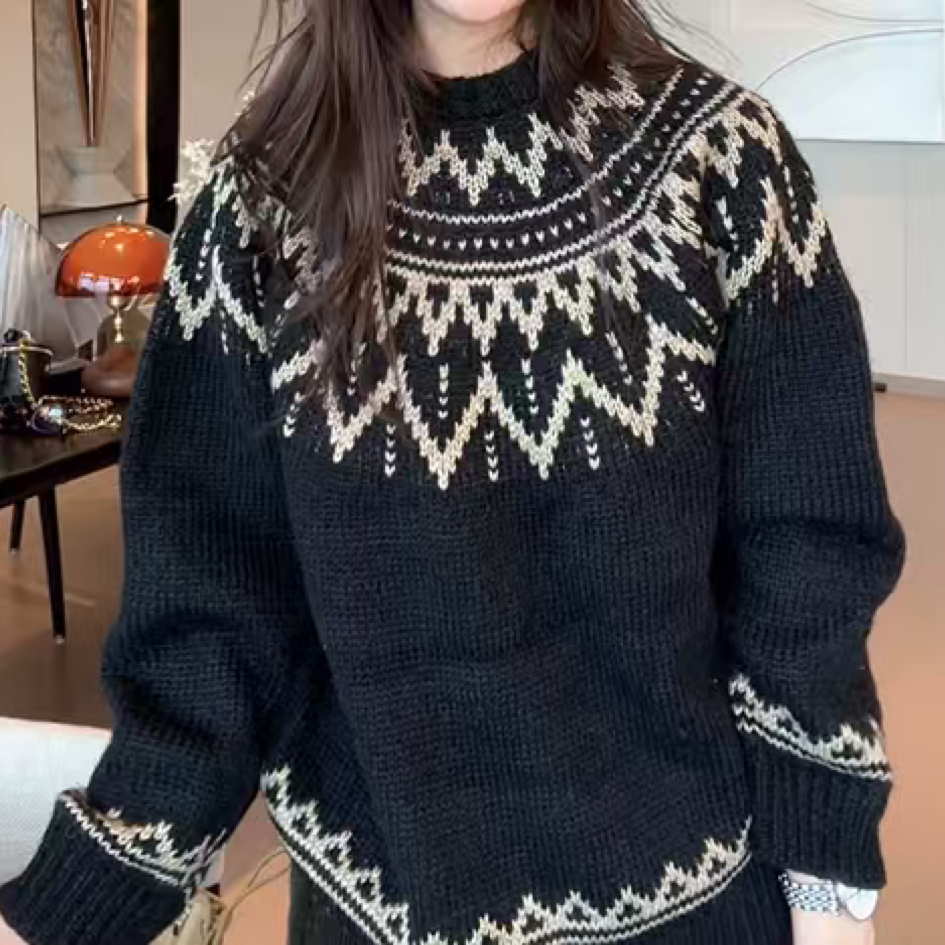 【费尔岛毛衣】复古气质减龄设计感圆领针织衫休闲百搭套头长袖上衣