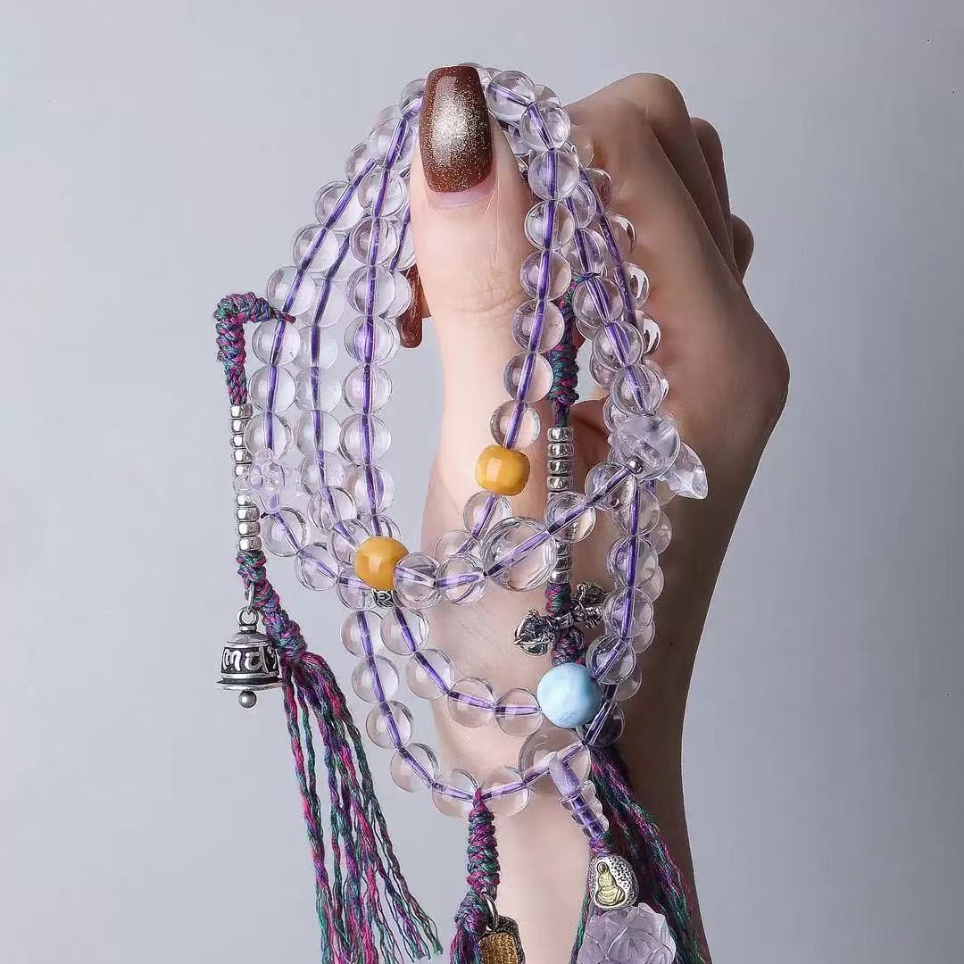 吊坠925银 S925银五条经文佛像雕刻莲花白水水紫绳项链国风102ycc