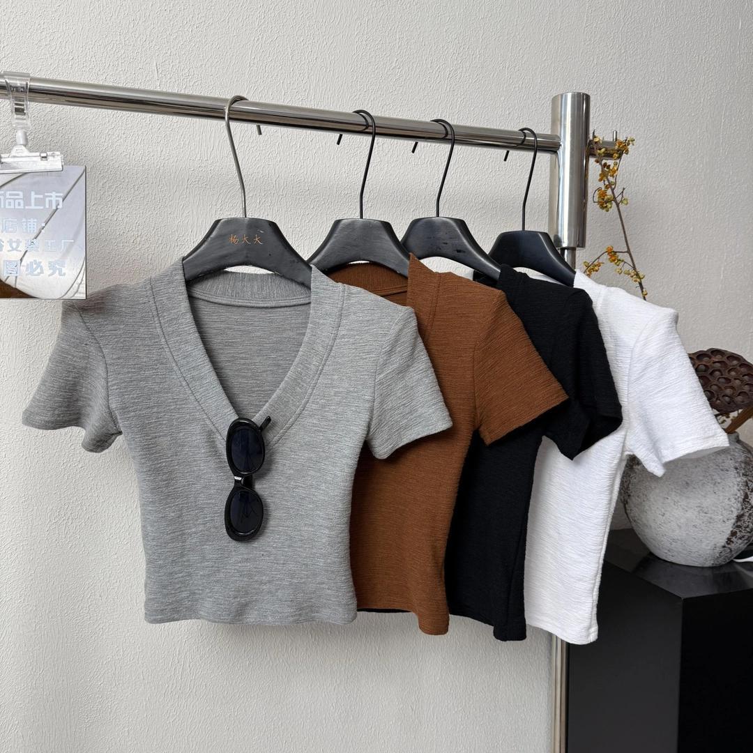 厚包边大V领辣妹中高腰修身女上显瘦纯色短袖时尚垫肩气质款短款