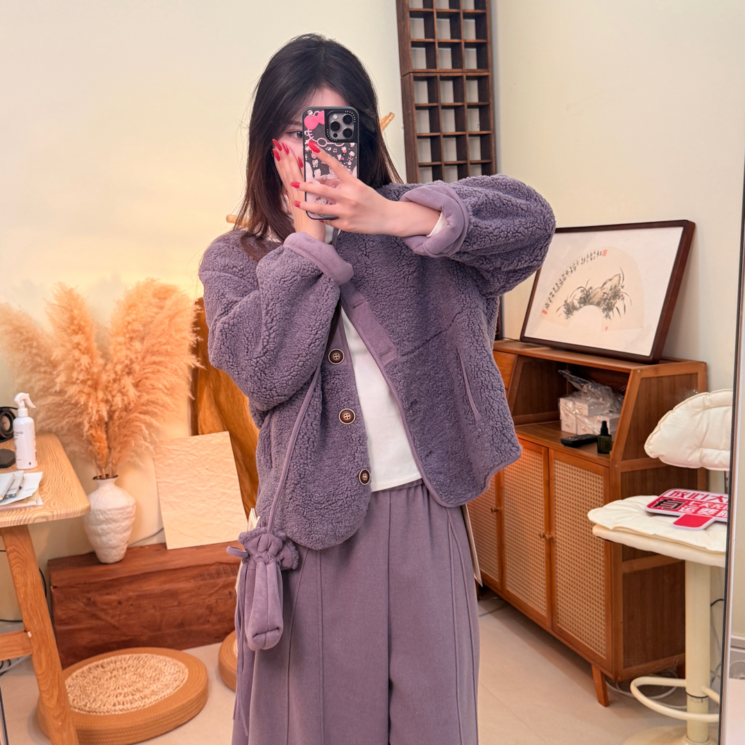 短外套开衫女保暖气质显瘦圆领单排扣圆领上衣+福袋包包2597-7