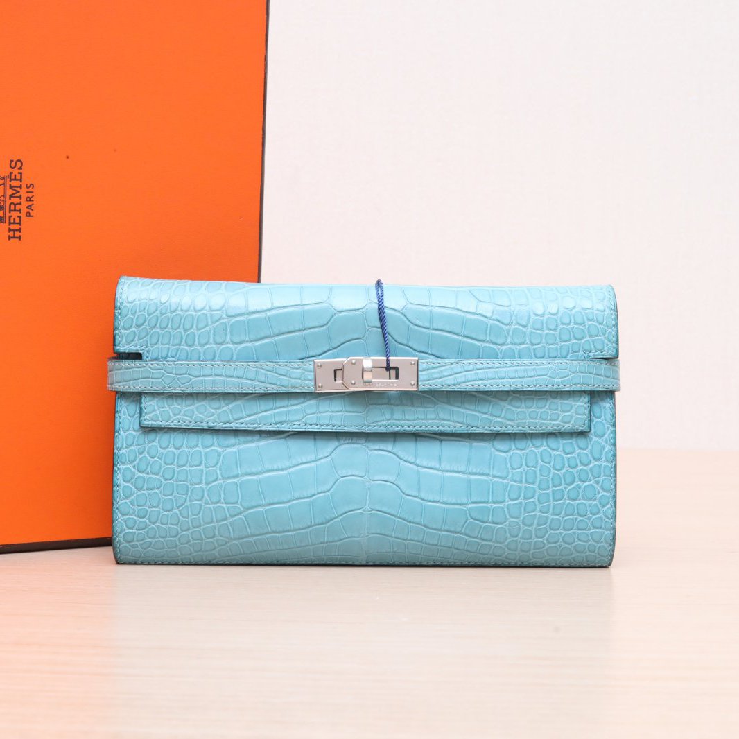 95新 Hermes/爱马仕 小花Jerry 4215598 Kelly长款钱包 鳄鱼皮T刻