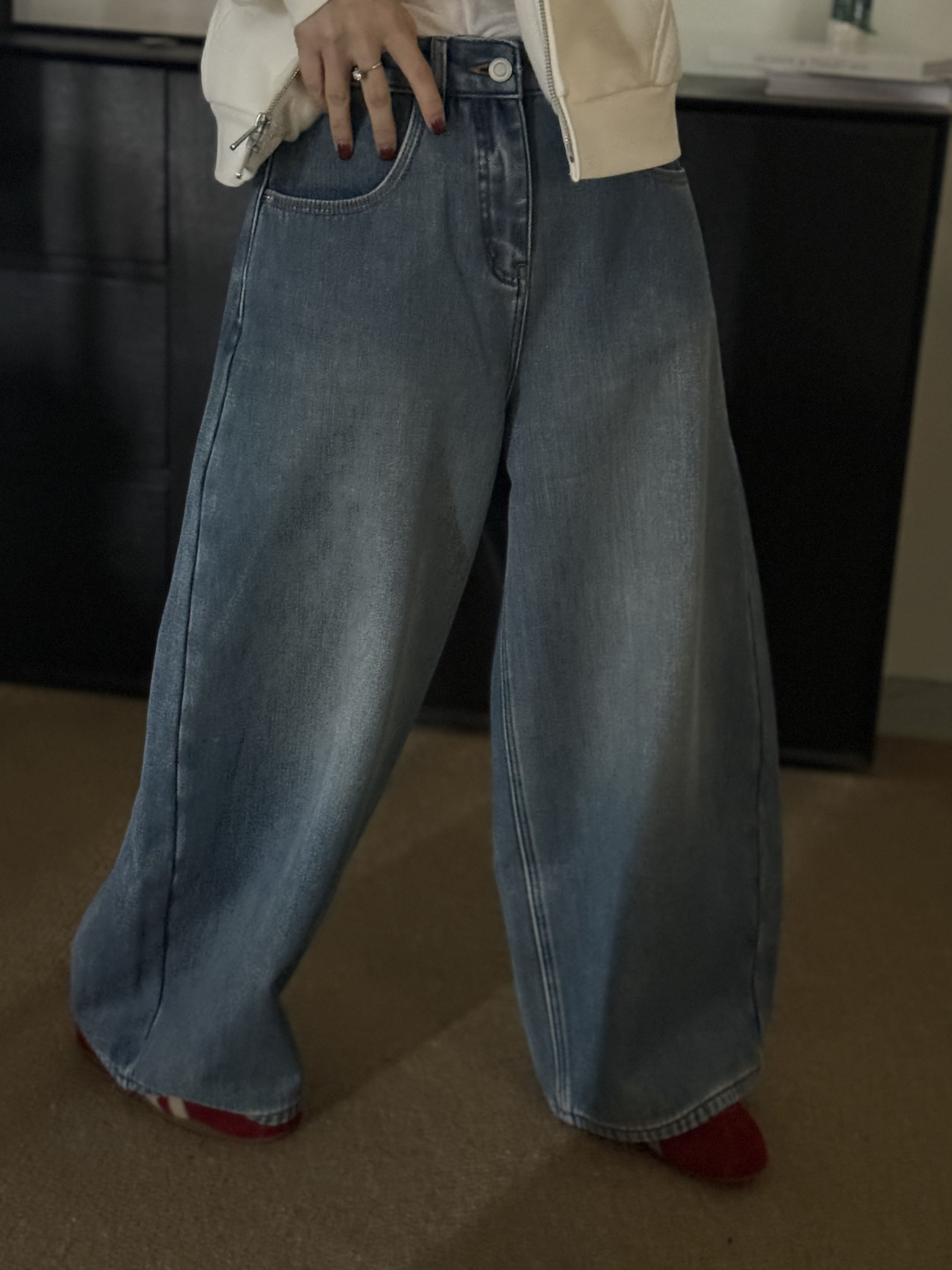 【珍珍何HB】1240定制款韩系极简气球发财牛仔加绒长裤