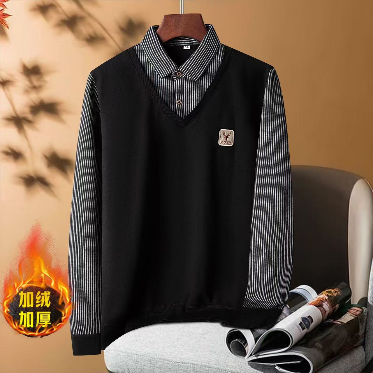 【专属价】秋冬新款刺绣假两件加绒加厚男士时尚条纹衬衫领大码高密