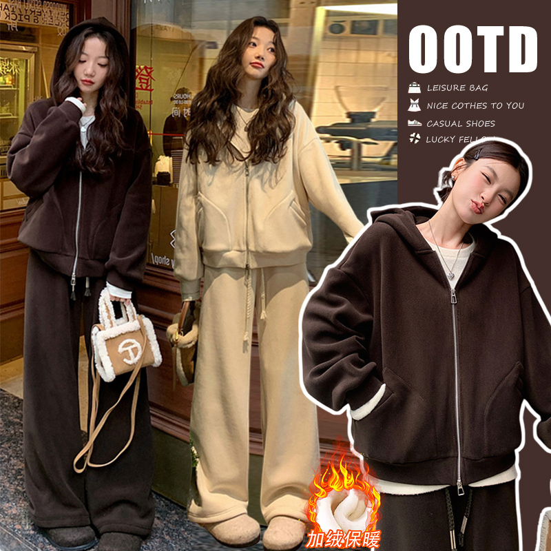 冬季新款连帽拉链外套+高腰阔腿长裤慵懒百搭休闲时尚孕妇套装女
