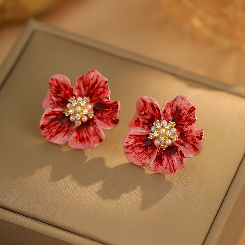 925银耳饰 229号法式安可拉红花朵耳环高级设计感百搭时尚银针