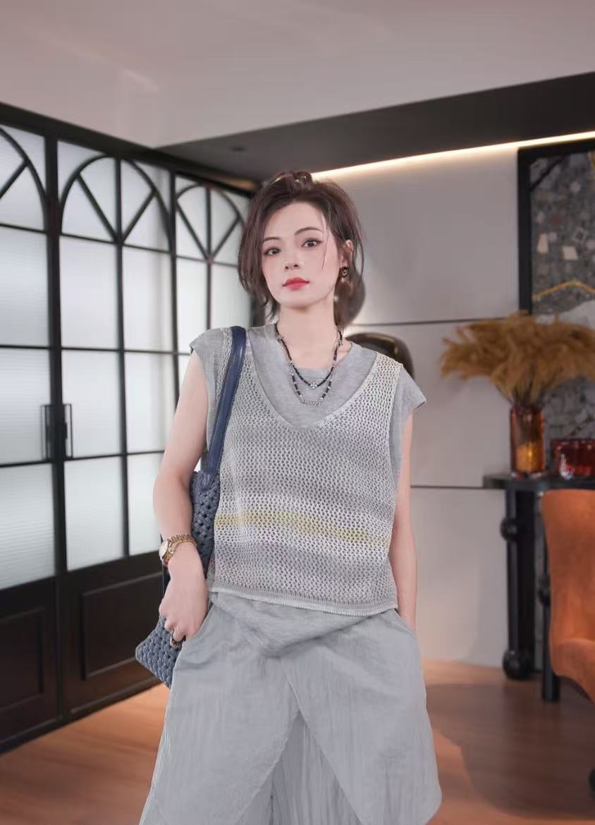 BANINGNA-2025欧货夏季小众设计渐变花线拼接假两件短袖T恤03332