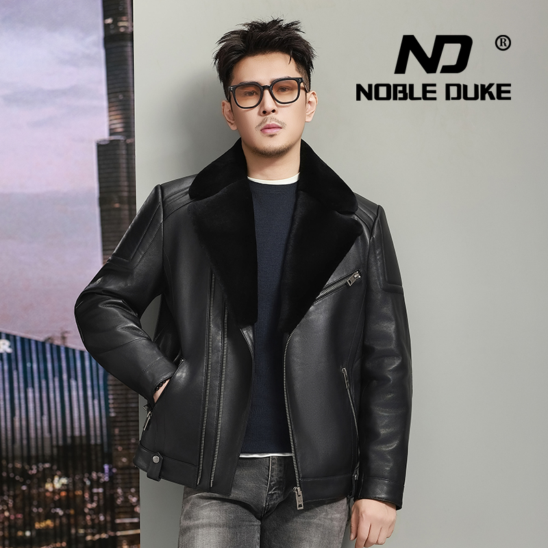 8511头层山羊皮自然纹机车夹克短款修身西服羊毛领羽绒服真皮外套