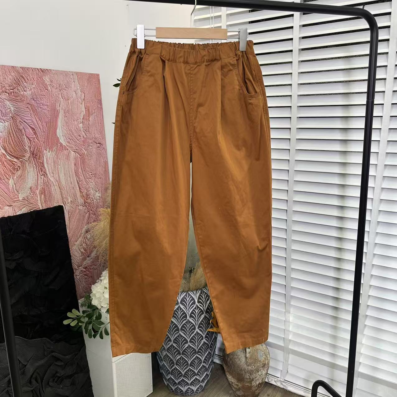 日系简约「松紧腰宽松水洗棉」阔腿长裤女E5128