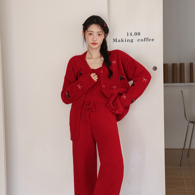 2025新款半边绒秋冬家居服冬季家居服长裤睡衣长袖保暖三件套装