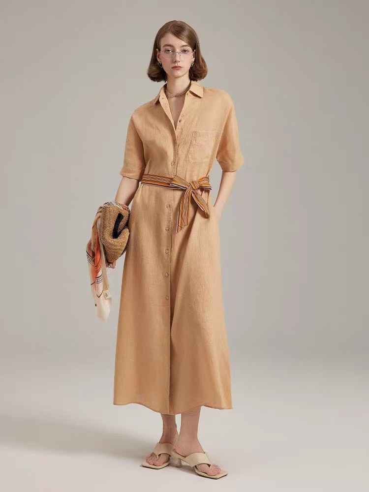 轻奢通勤显瘦腰带酵洗纯亚麻衬衫式长裙