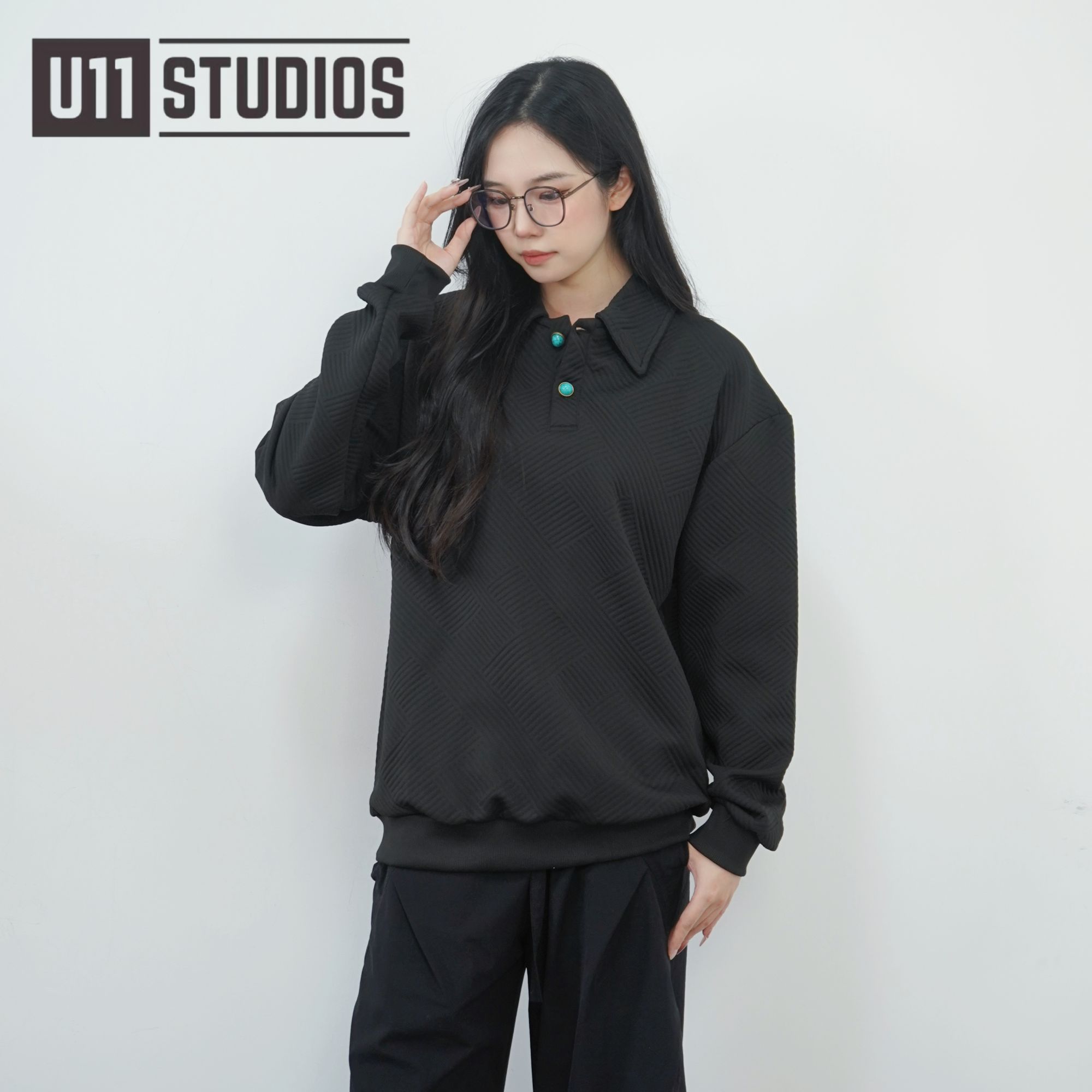 U11studios大码男装卫衣宽松翻领秋季POLO领百搭款老钱风