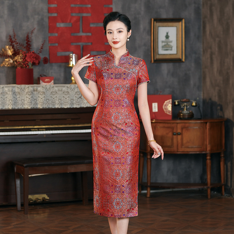 喜婆婆婚宴装可穿年轻款改良新中式高端礼服大码夏季宋锦妈妈旗袍