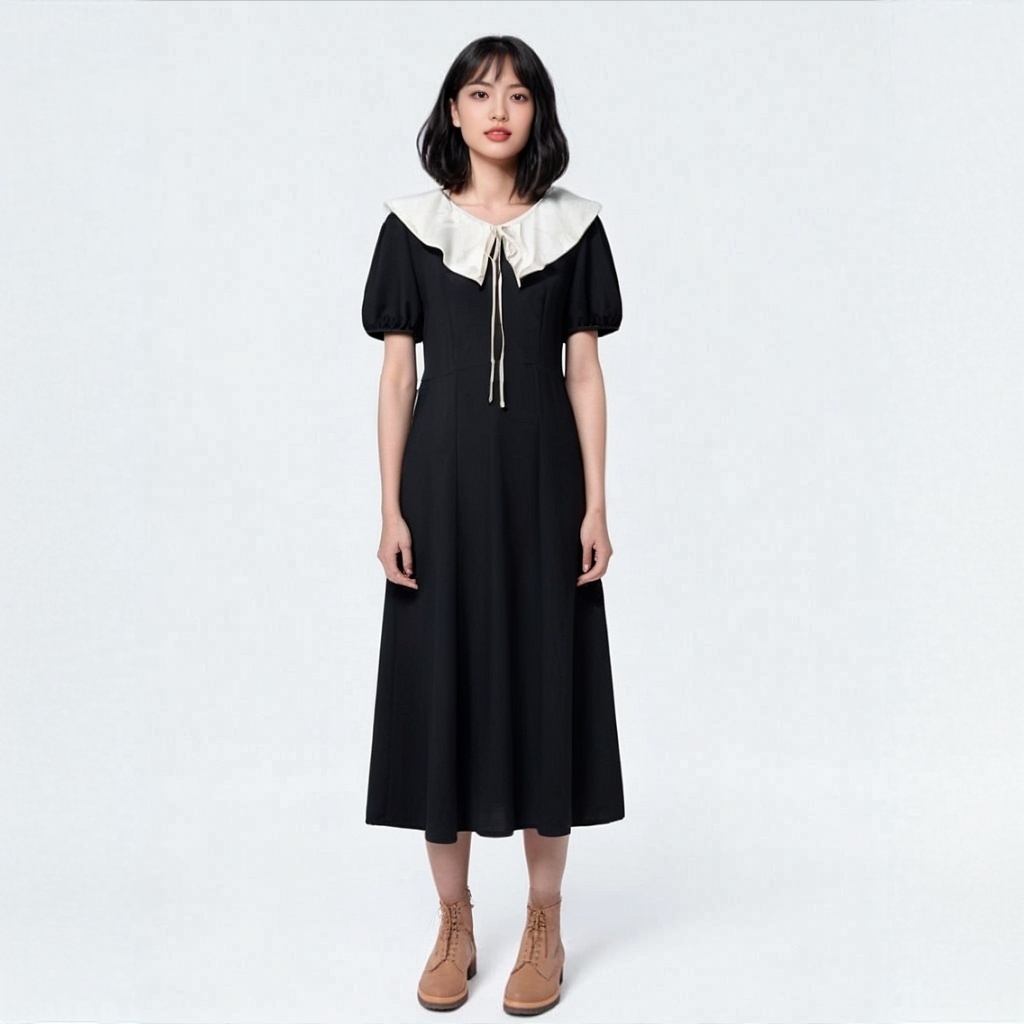 【热销】法式复古撞色大翻领连衣裙女收腰套装女秋清冷系禅意衣服女