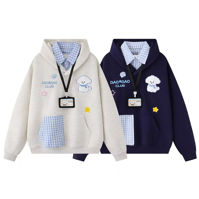 美式慵懒chic格纹拼接假两件连帽卫衣女韩系学院风宽松显瘦外套潮