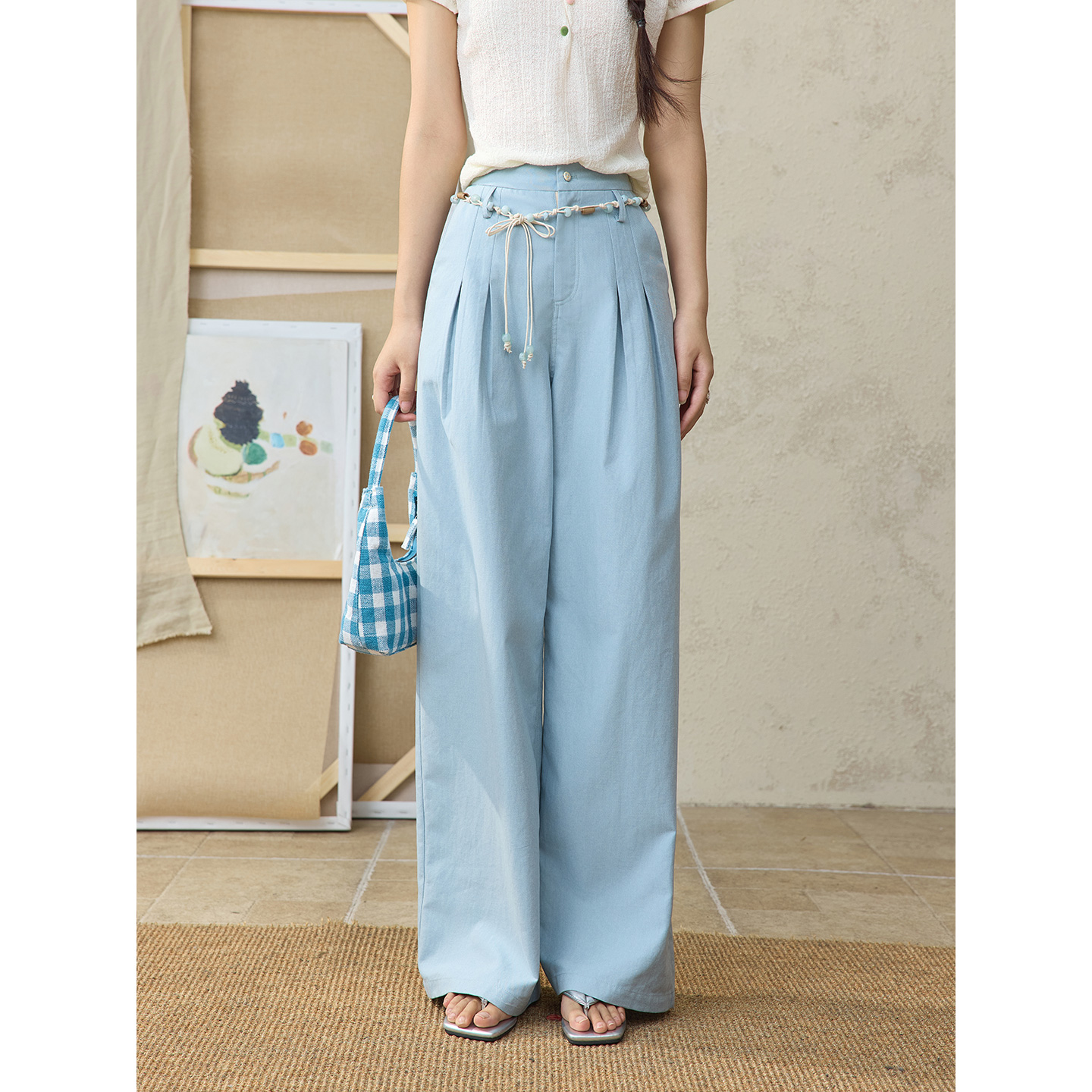 【年末大促】谜秀新品海盐蓝阔腿裤2025夏撞色串珠腰带棉混纺显瘦