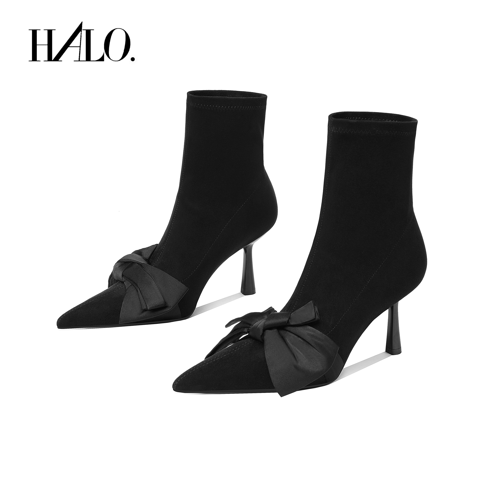 【跟高7cm】2025年秋冬新款纯色尖头蝴蝶结弹力瘦瘦靴细跟高跟简约