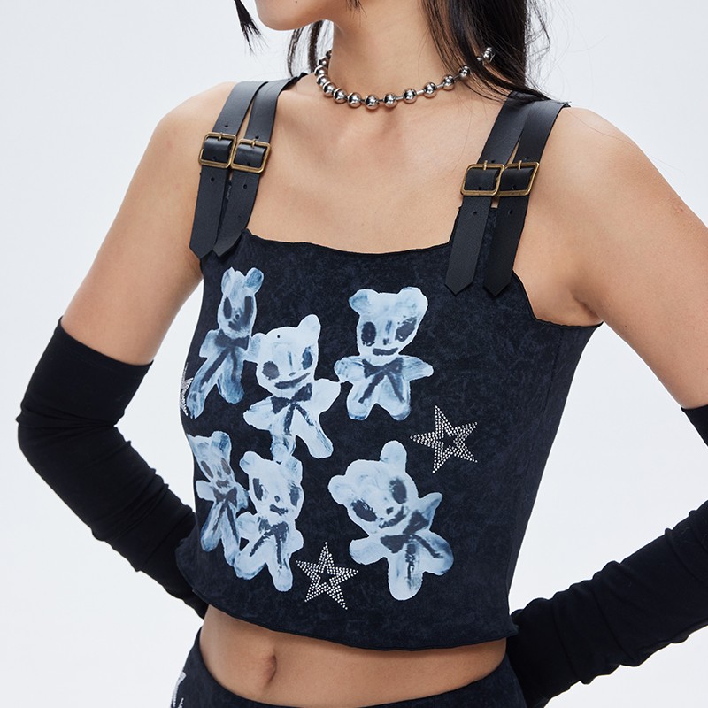 【自播】isc MOF艺术家小白熊印花皮肩带针织背心上衣半裙套装