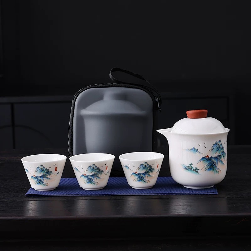 高端白瓷快客杯一壶三杯便携式旅行茶具