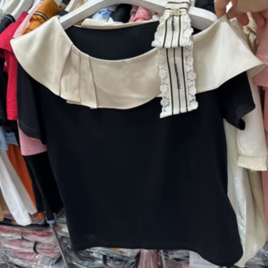 常规款抹胸短款百搭荷叶边一字肩不对称短袖蕾丝T恤