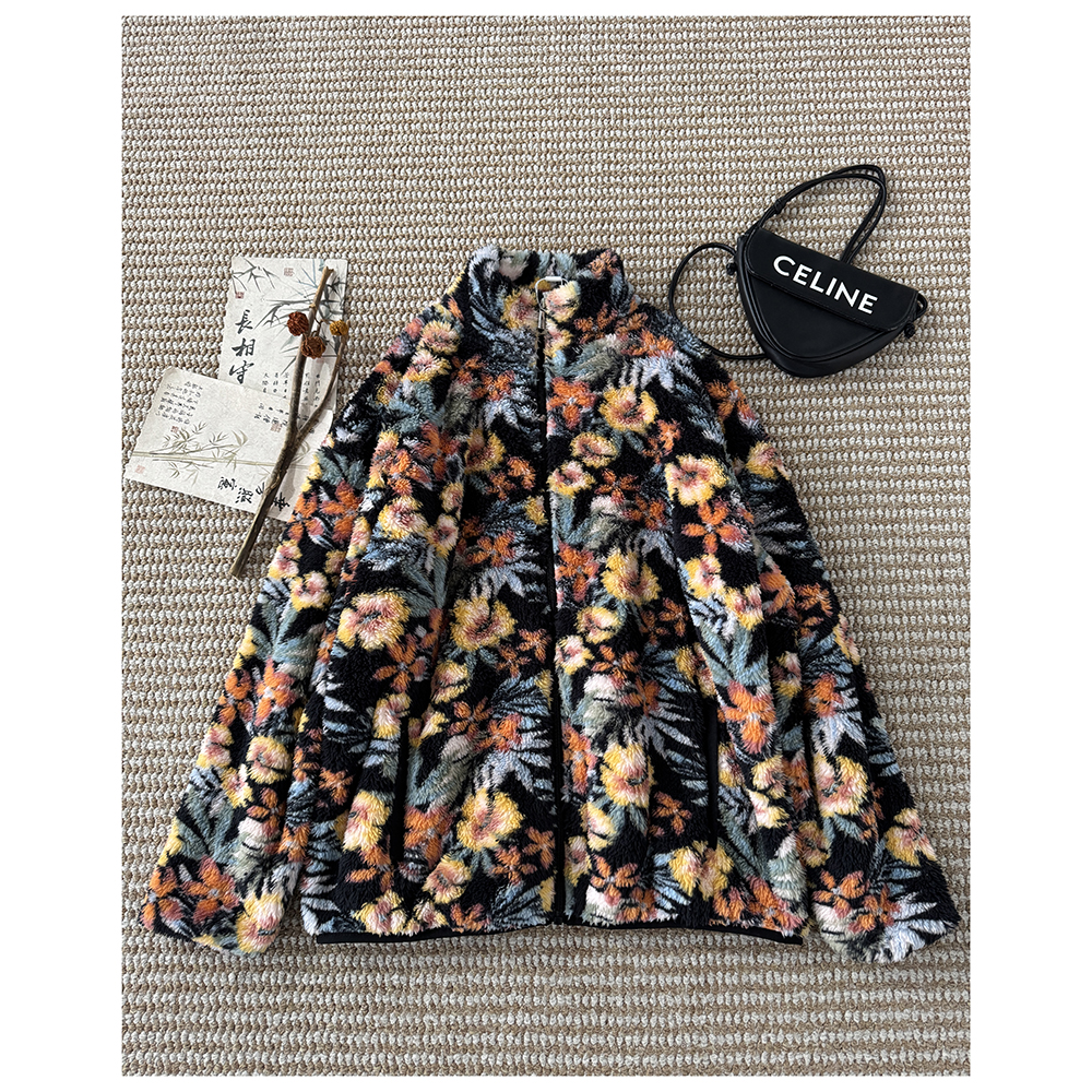 WT222秋冬新款宽松花色毛绒立领长袖拉链开衫外套