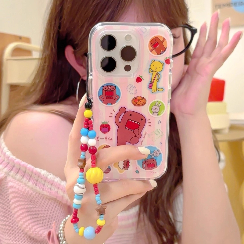 卡通粉条纹domo君适用苹果16promax手机壳iphone15全包气囊防摔女