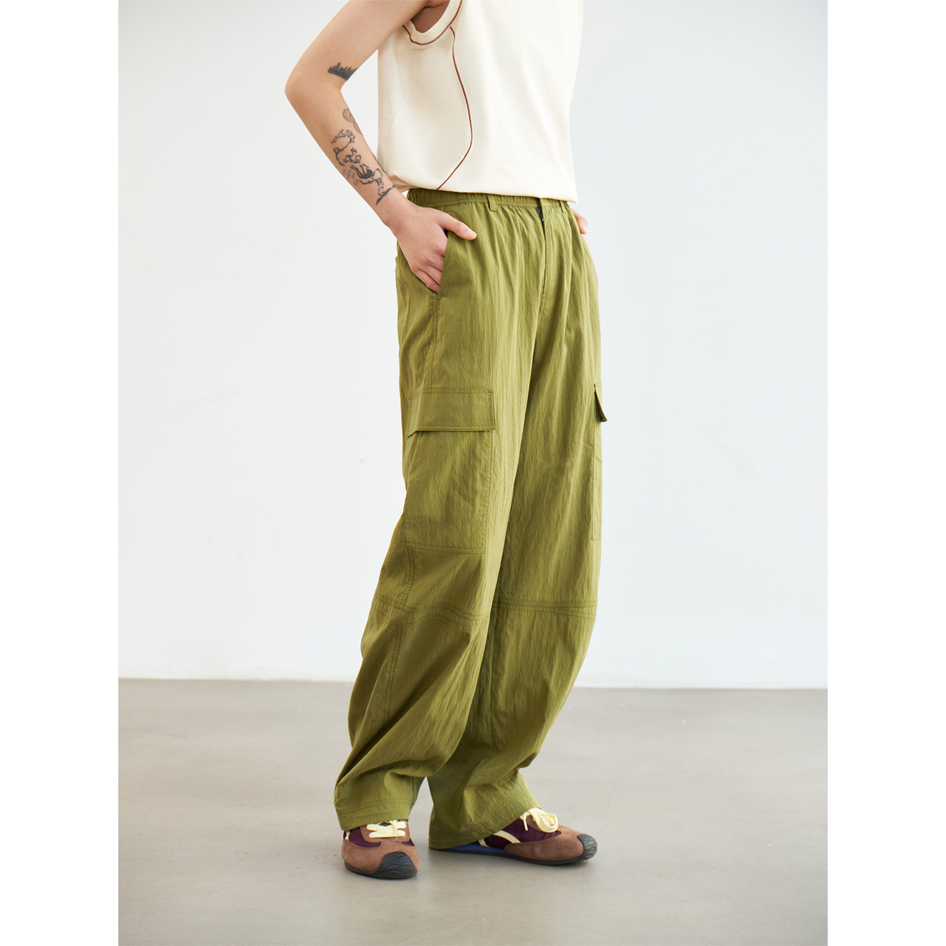 knighttom【凉感天丝垂感】黄绿色分割工装休闲长裤X252A027A