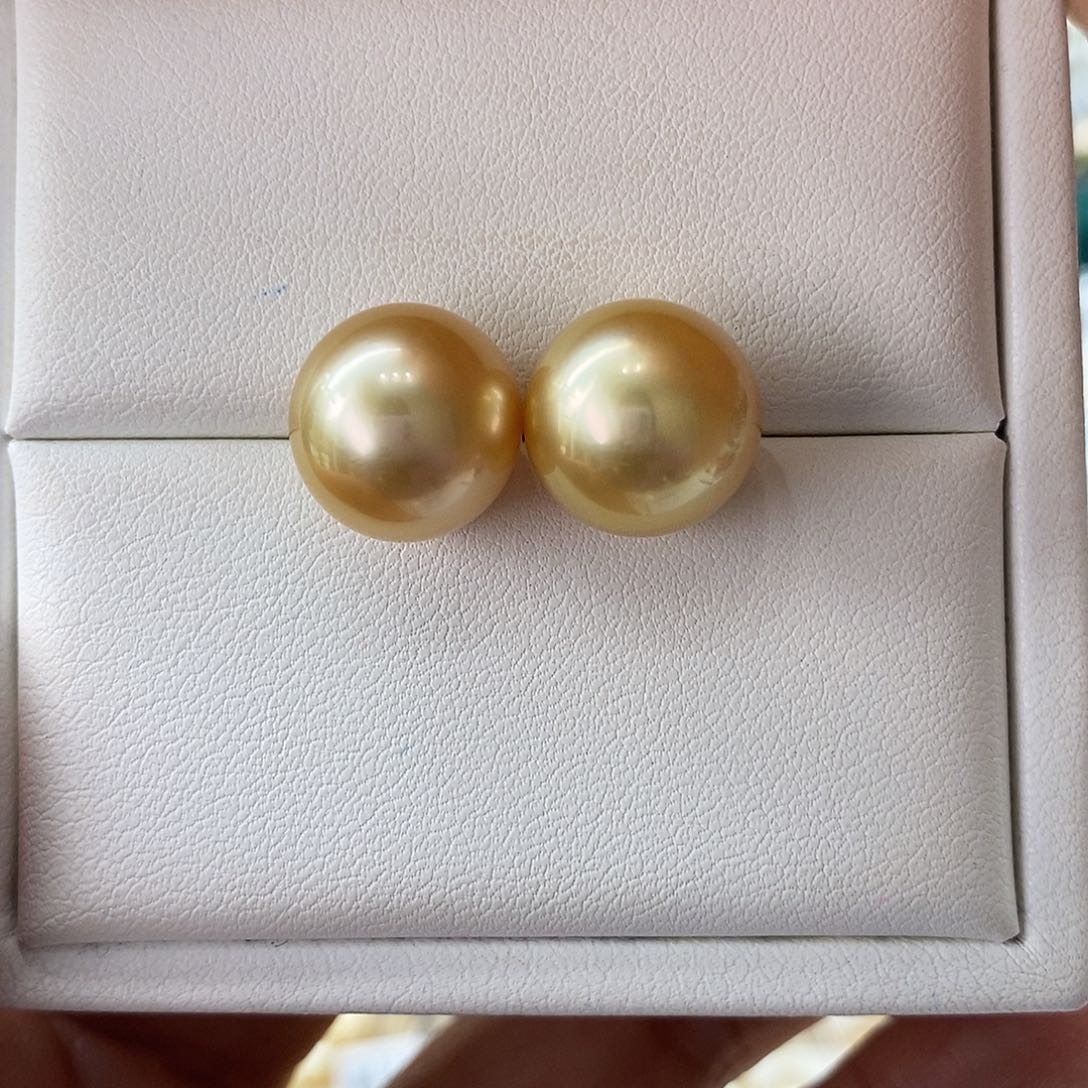 海水珍珠耳饰18K金镶嵌南洋金珠12-13m m
