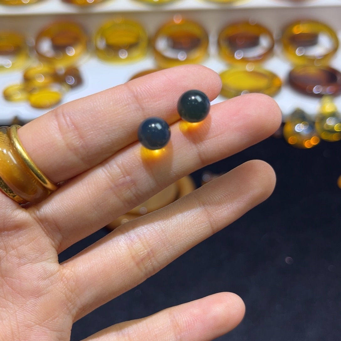 琥珀手镯银S925镶嵌金兰耳钉8mm