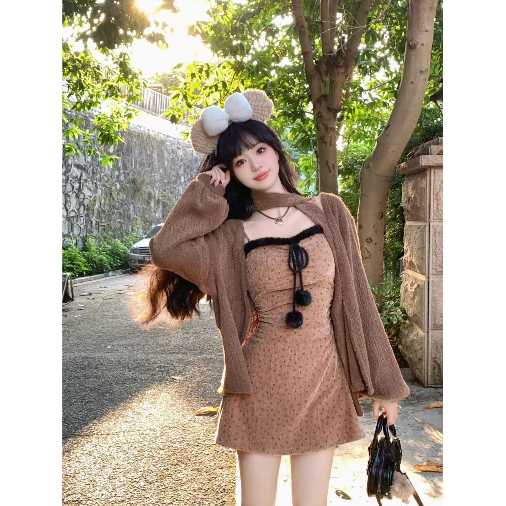 【QIANJIN】‘秋日摩卡’法式秋季度假甜美显瘦收腰连衣裙QL86350