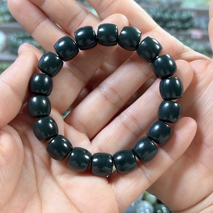 和田玉手链未镶嵌新疆黑油青直切卡12