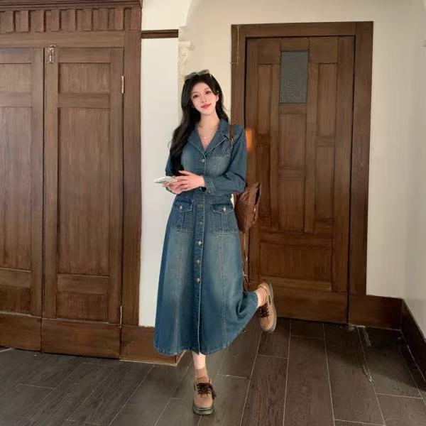 大码女装西装领修身牛仔连衣裙2025春季新款胖mm遮肚显瘦长裙1521