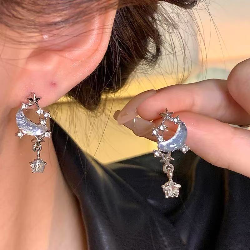 合金锆石耳饰 韩版蓝色星月超仙耳钉高级感潮流气质