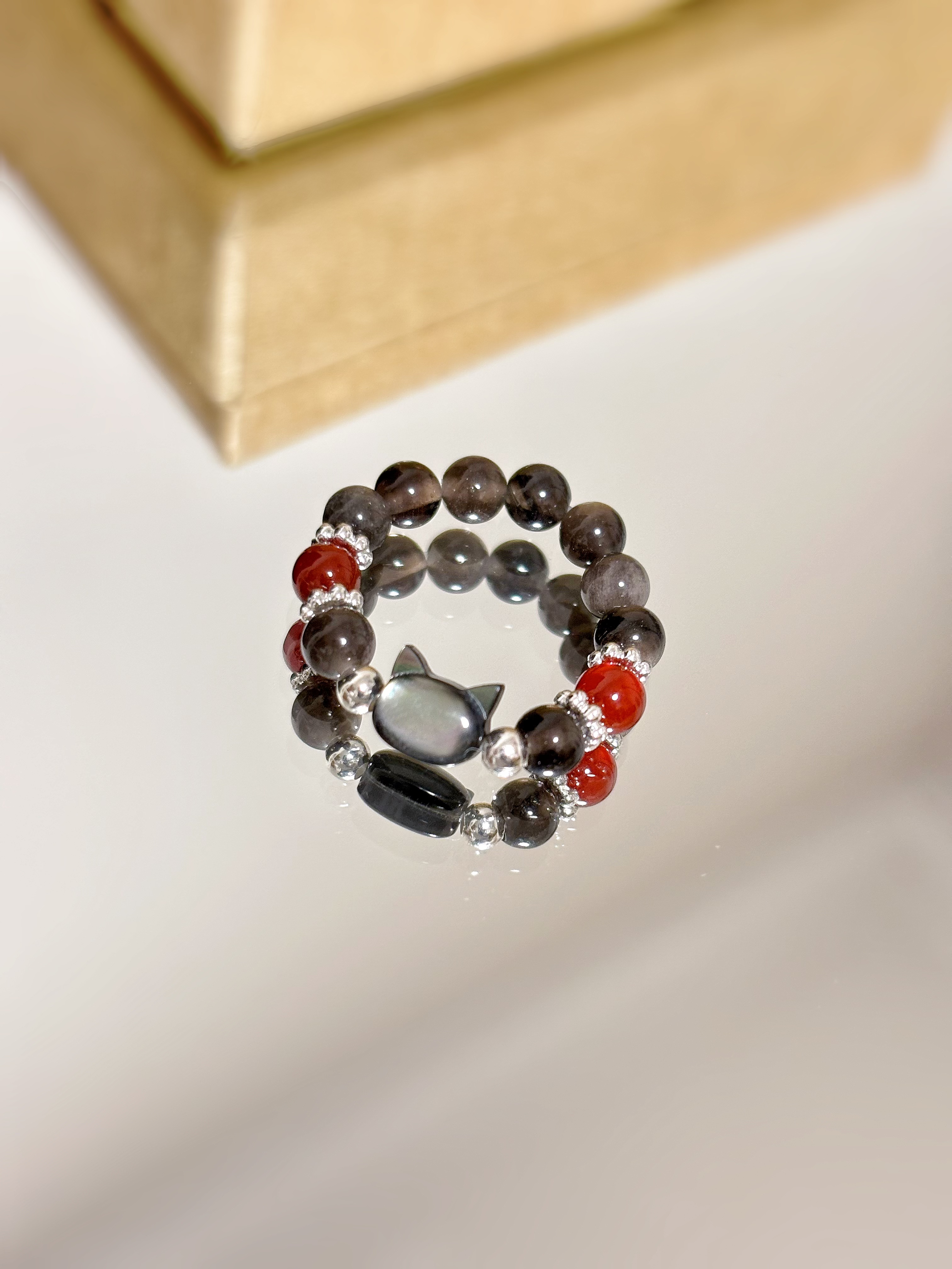 A-44 天然银耀石黑蝶贝猫猫DIY设计款戒指戒圈