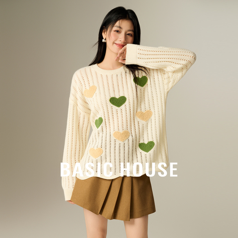Basic House/百家好绵羊毛镂空钩花针织衫秋冬减龄爱心套头上衣女