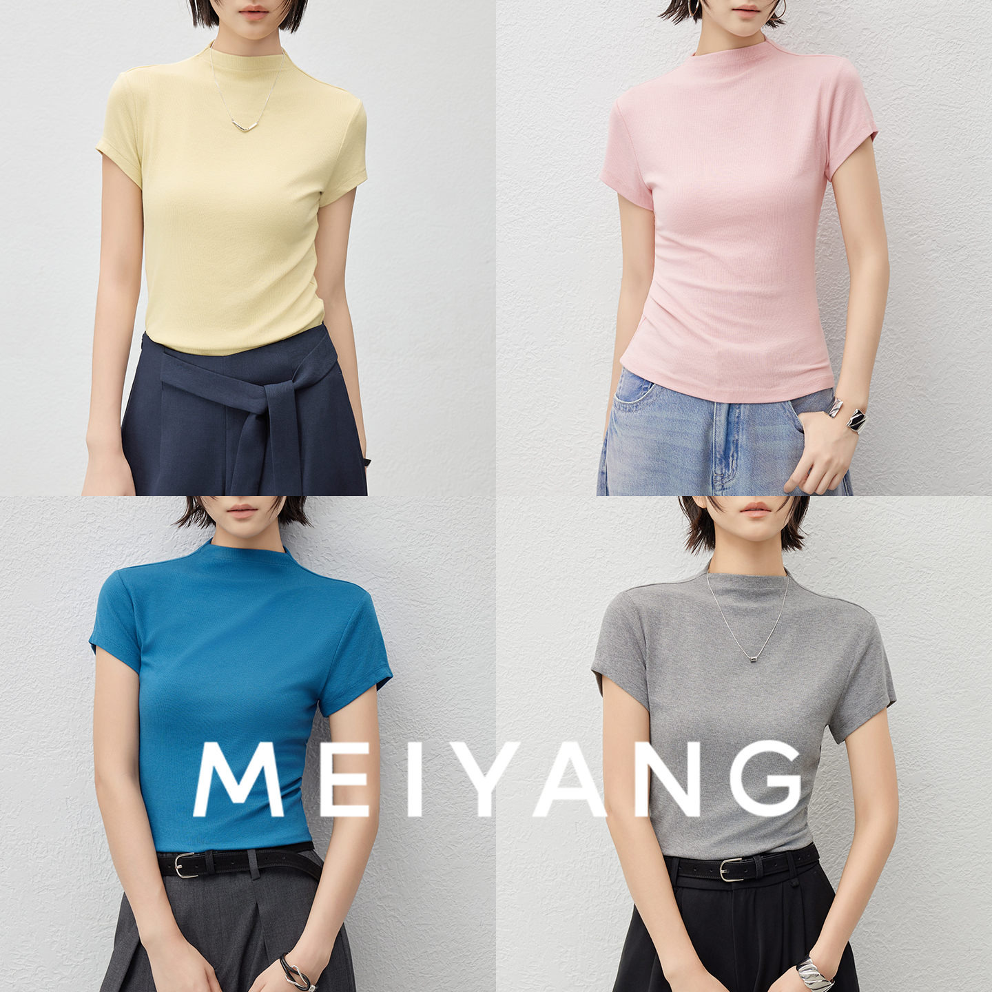 美洋MEIYANG 彩色卡戴珊T恤 人棉螺纹针织_立领弹力短袖上衣-周一