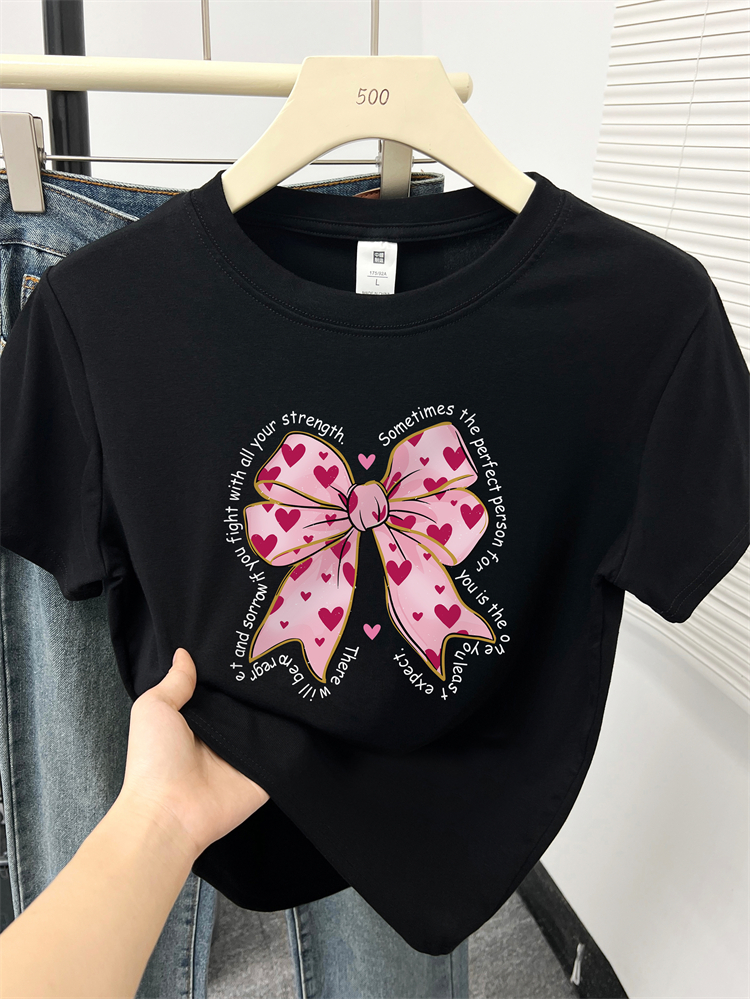 【打打】2025款韩版蝴蝶结印花圆领正肩女装短袖t恤夏季短袖女t恤