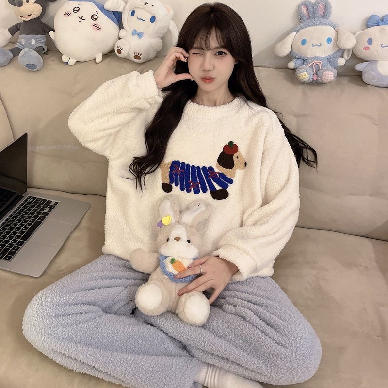 半边绒腊肠狗睡衣女秋冬季加厚加绒日系卡通宽松可外穿家居服套装