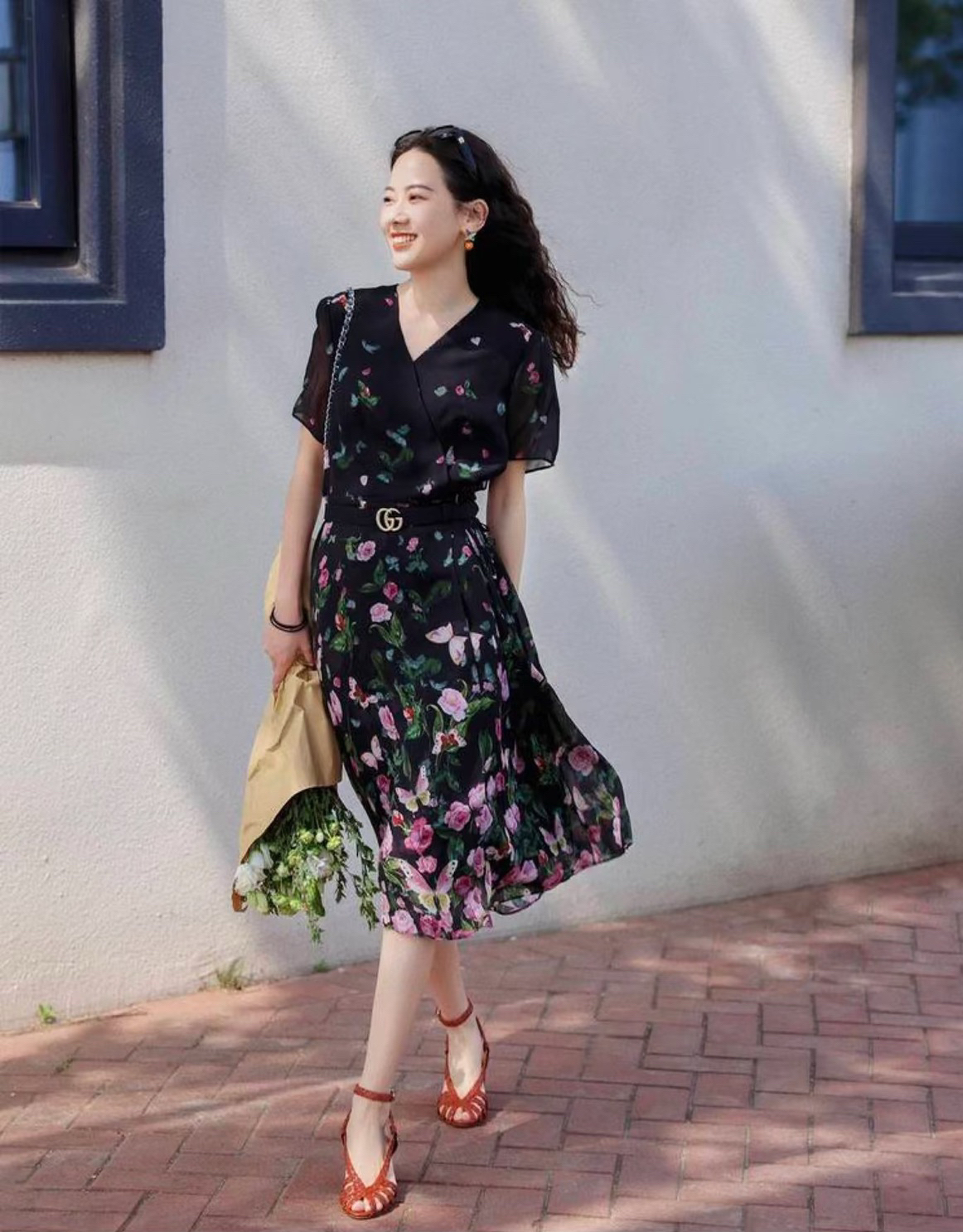 珂家2025夏新款桑蚕丝玫瑰印花真丝连衣裙女茶歇裙法式裙子