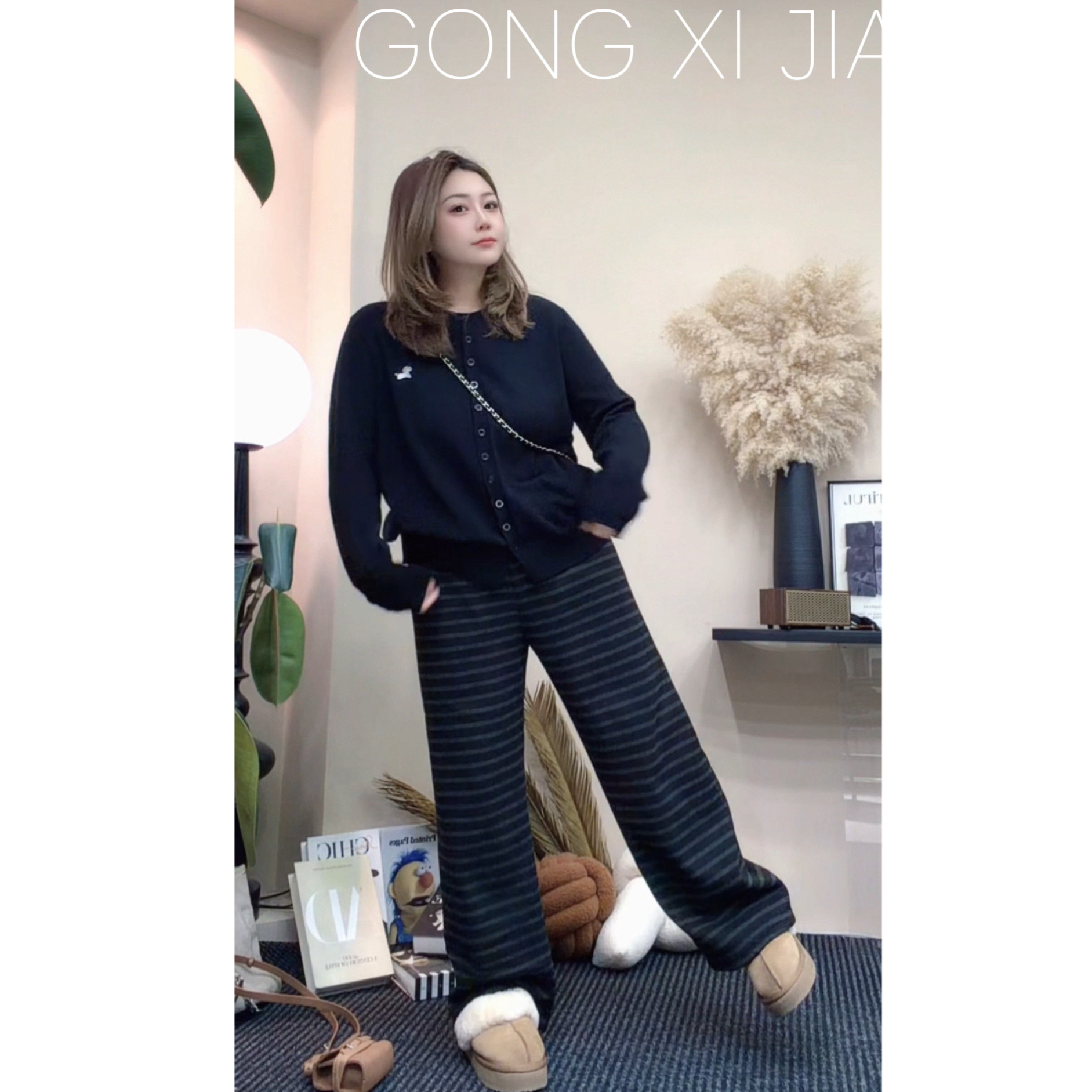 「Gong喜」大码 加绒窄版显瘦直筒条纹裤百搭（不对条）