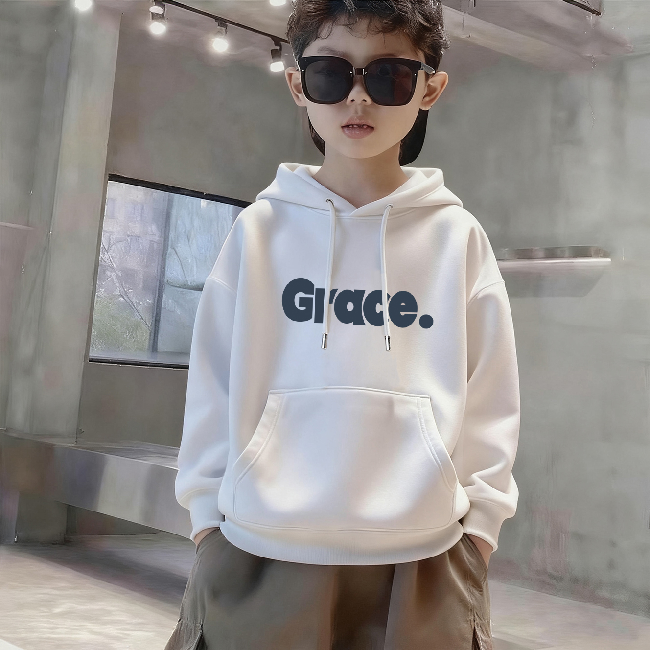 男童卫衣春秋2025年新款儿童秋冬白色宽松连帽上衣中大童加绒衣服