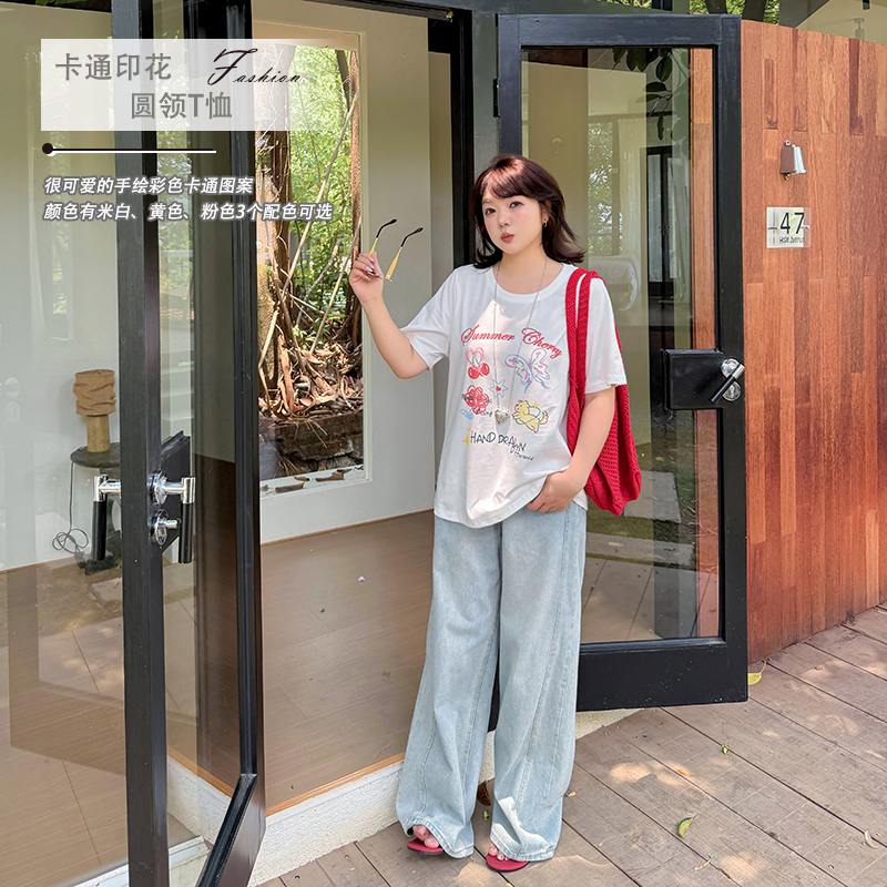 【月光刻本】25年夏季新款大码女装胖MM时尚卡通印花圆领T恤-W-212