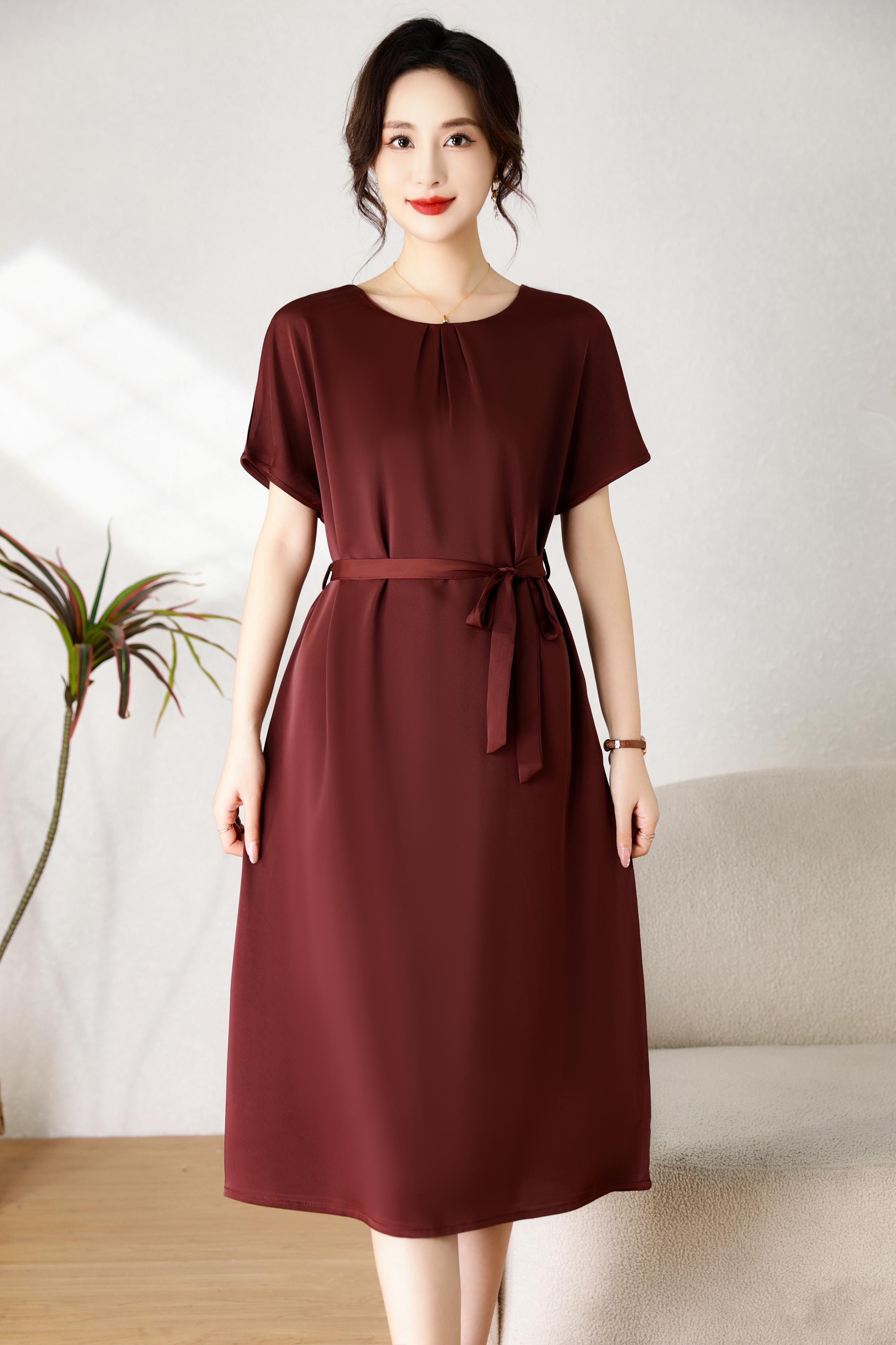 豆沙红气质修身时尚休闲夏季高端大码妈妈装连衣裙